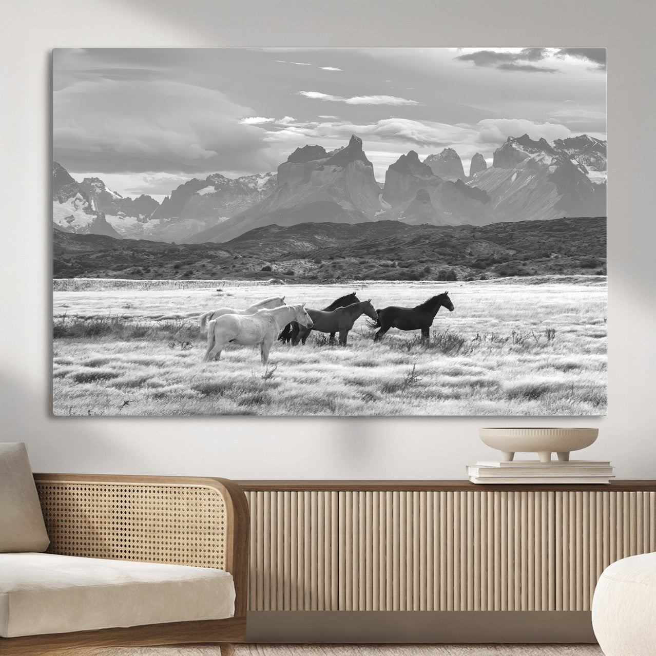 MGV-CV-36X24 - Wild Horses Wall Art Canvas Print, Framed Black White Mountains Art Picture Print, Rustic Countryside Perfect Rustic Western Decor Artwork
