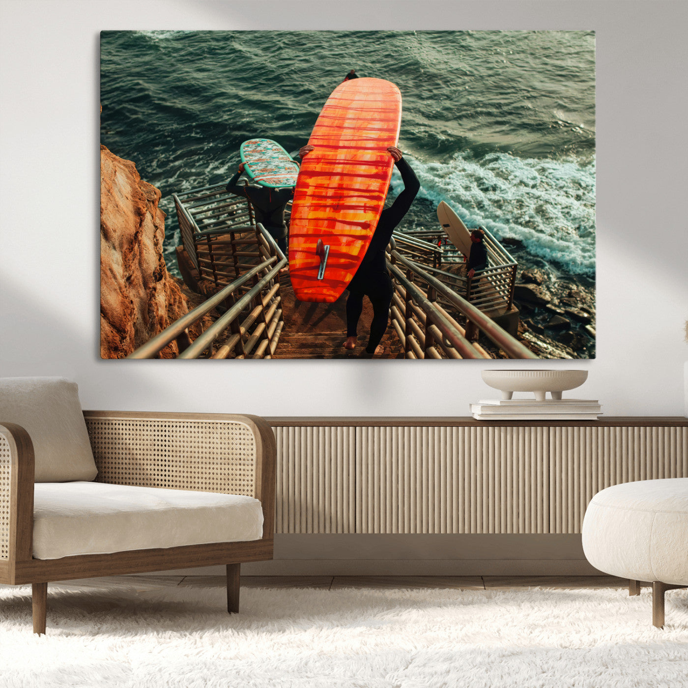 MGV-CV-36X24 - Surfer Stairway Wall Art Canvas Print, Framed Ocean Surf Art Picture Print, Sunset Coastal Perfect Coastal Adventure Decor Artwork