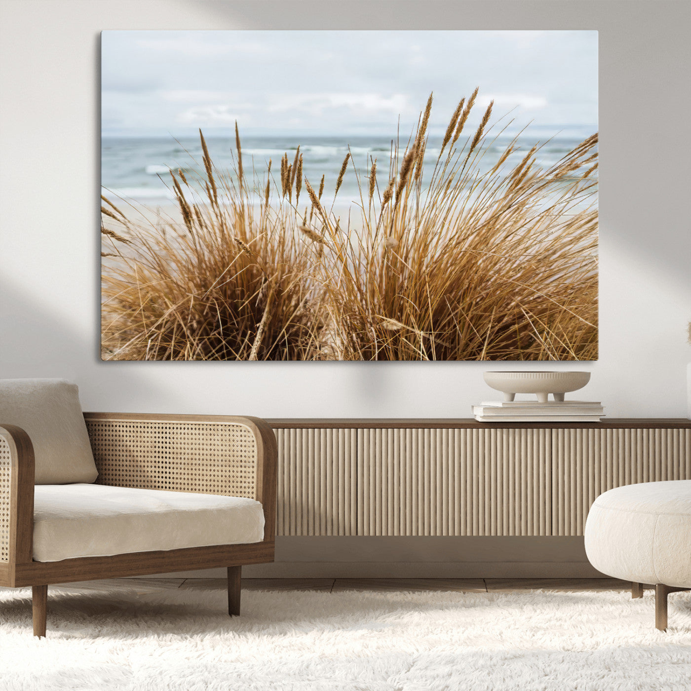 Canvas of golden beach grass swaying by the ocean under a soft cloudy sky, perfect for neutral-toned or coastal minimalist decor.