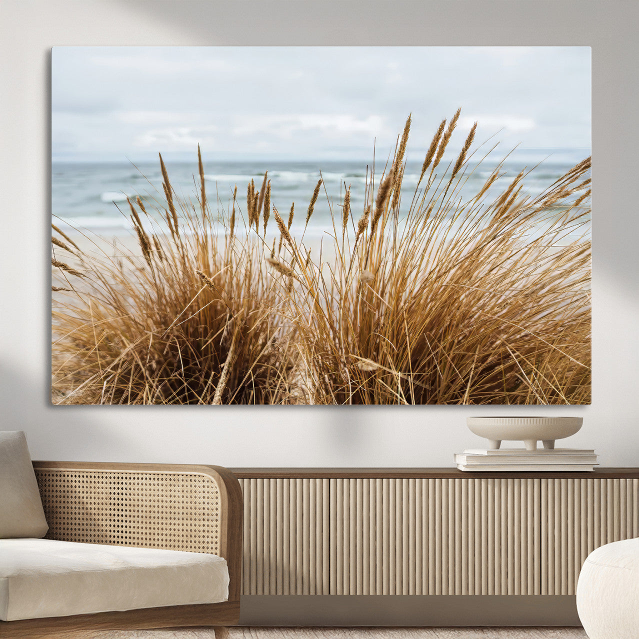 14270839-MGV-CV-36X24-Beach Grass Wall Art – Framed Coastal Dunes Canvas Artwork, Minimal Seaside Design, Modern Coastal Decor for Home, Office