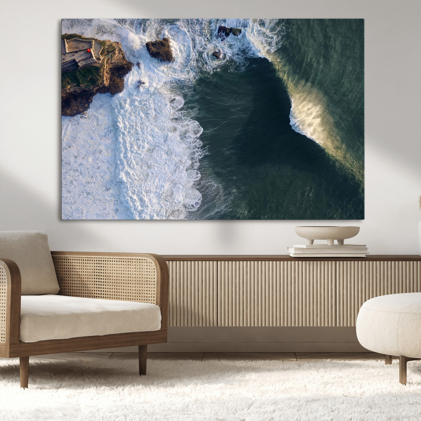 Canvas showing an aerial view of crashing waves along the Nazaré coastline, perfect for dramatic coastal or ocean-themed home decor.