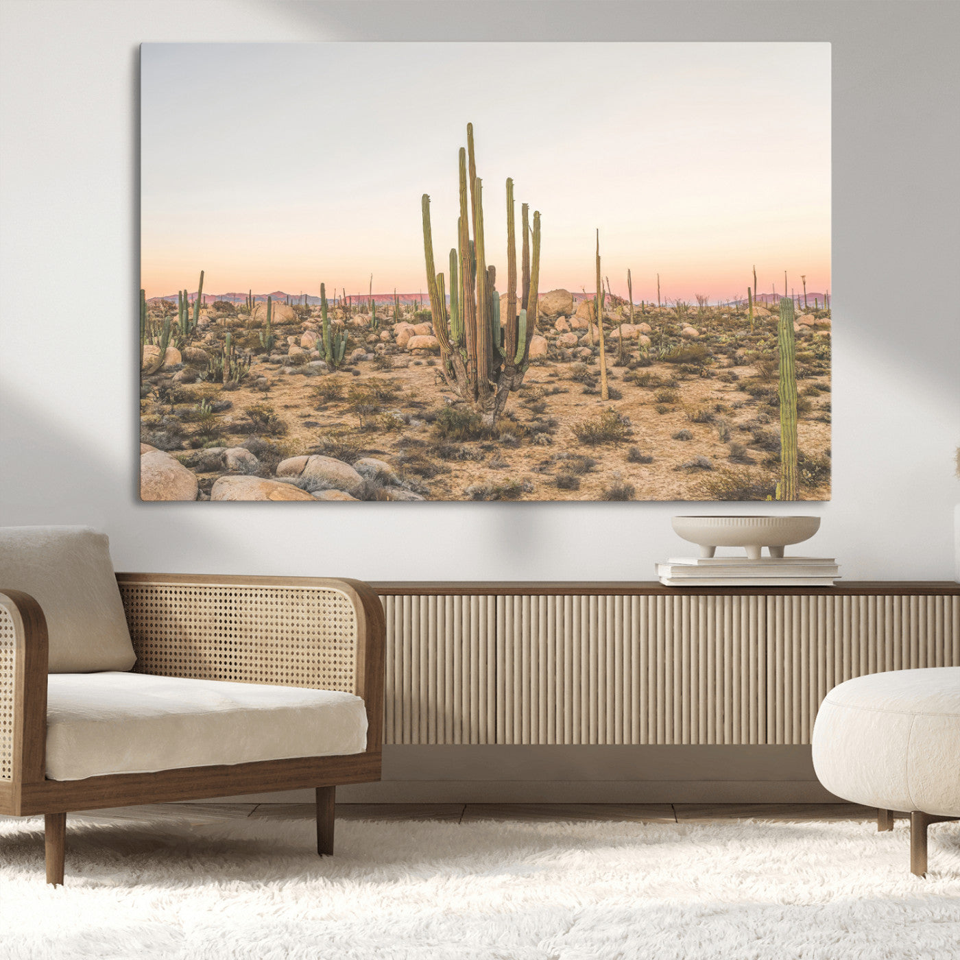 Canvas of tall desert cacti in warm sunset tones over a rocky Baja landscape, ideal for earthy or Southwestern-style home decor.