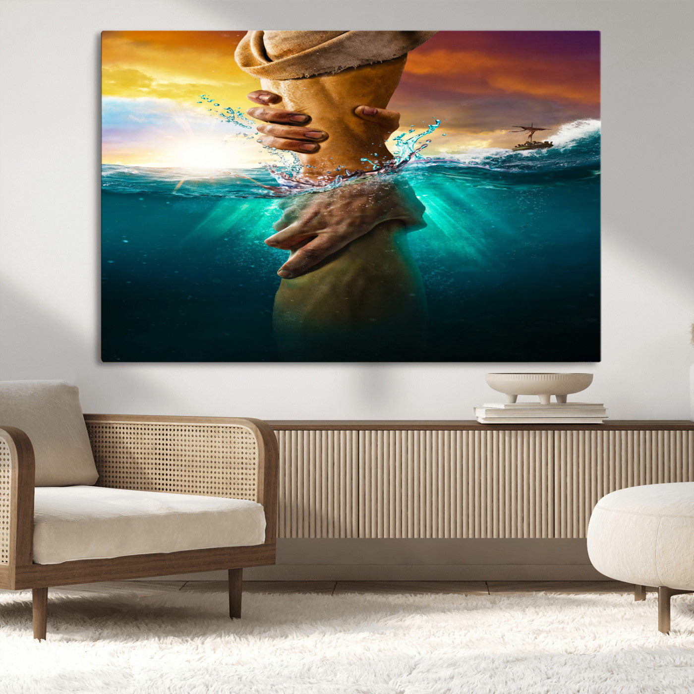 A dramatic scene of a hand reaching underwater and being lifted, symbolizing rescue and faith, ideal for spiritual or Christian wall decor.