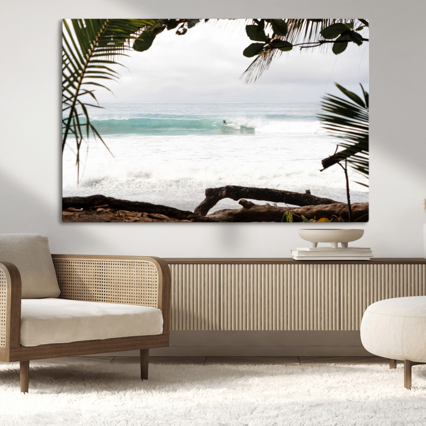 Tropical beach view with palm trees and surfer riding a wave, perfect for boho or coastal-inspired interior wall decor.