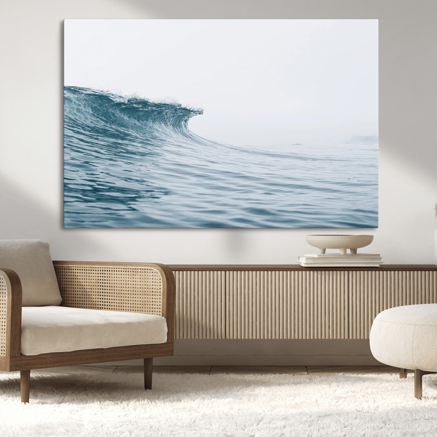 A single ocean wave curling in soft blue tones under a misty sky, ideal for coastal or minimalist home wall decor.