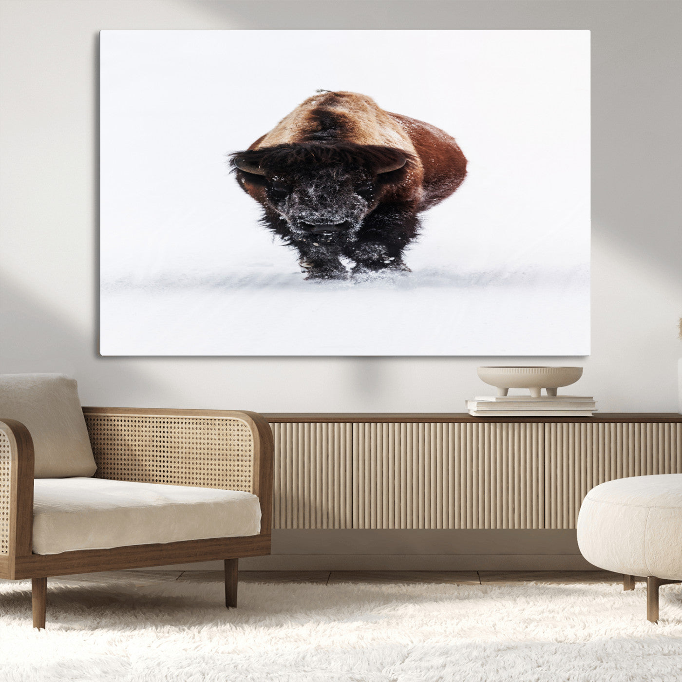 Front view of a strong bison walking in deep snow, isolated white background, perfect for rustic or lodge-style home decor.
