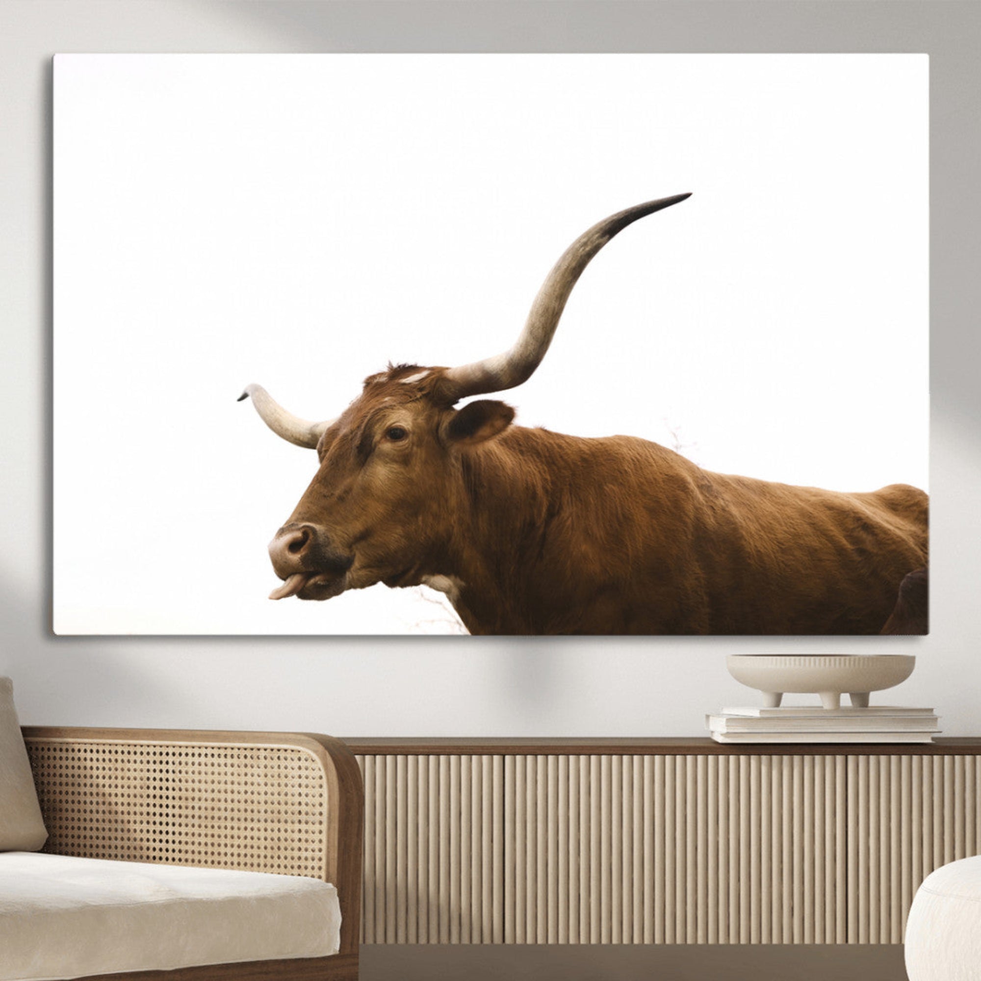Side view of a brown Longhorn cow with curved horns on white background, perfect for rustic farmhouse or western-style home decor.