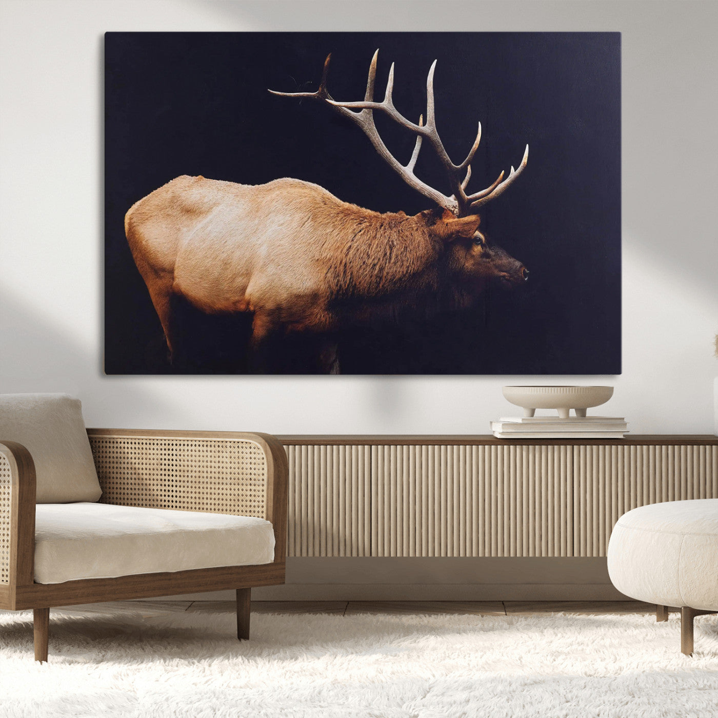 Side profile of an elk with large antlers on dark background, creating a bold rustic statement for cabin or Western-themed decor.