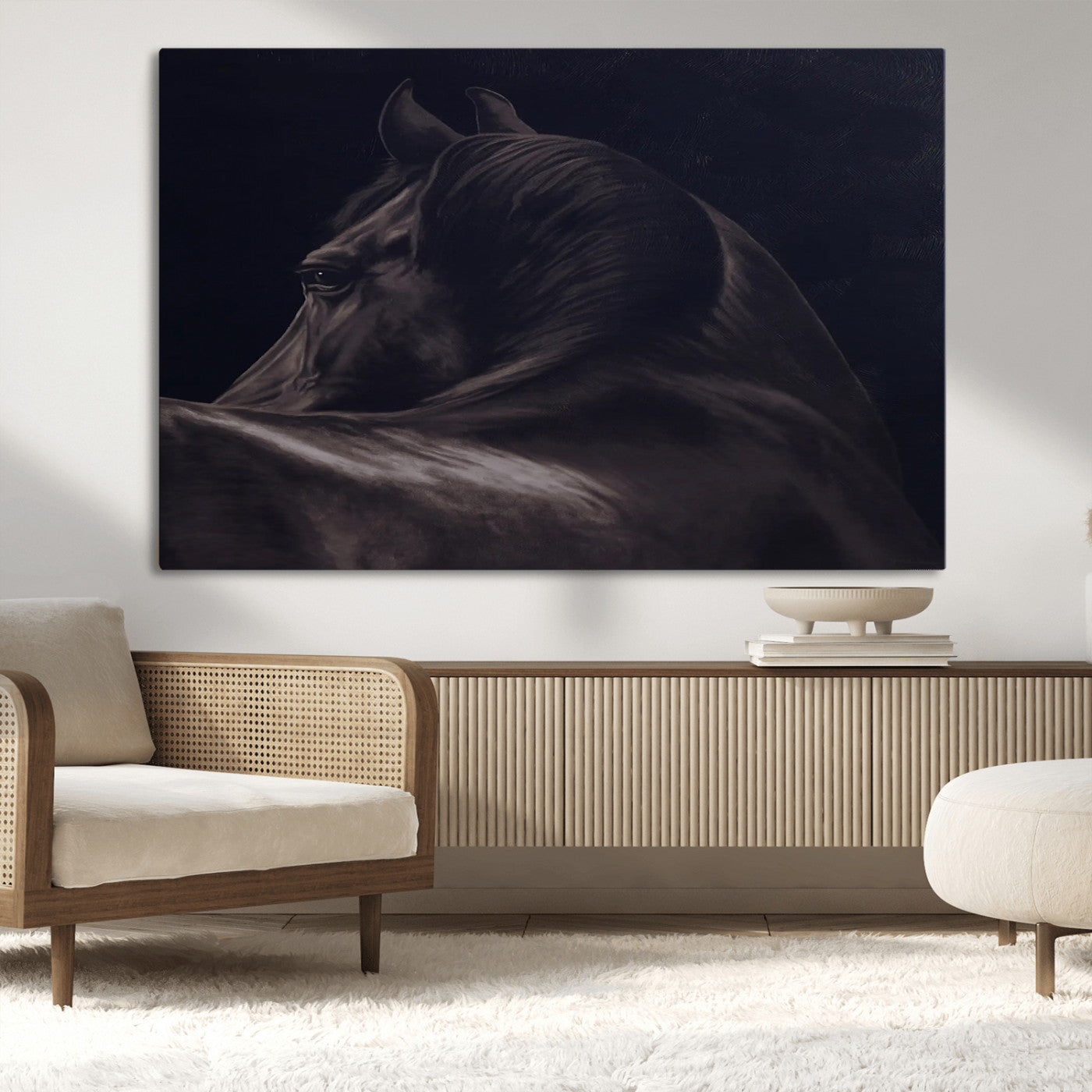 Moody black horse portrait with dramatic lighting on dark background, ideal for rustic, modern or Western style home decor.