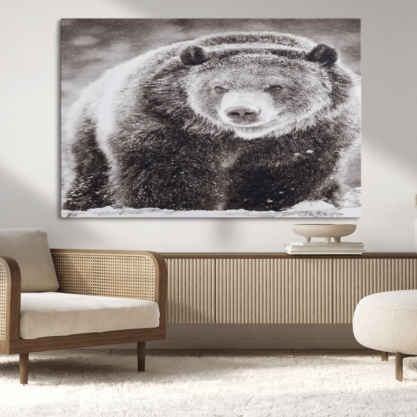 Snow-covered grizzly bear in black and white, ideal for rustic lodge, cabin or wildlife-themed home wall decor.