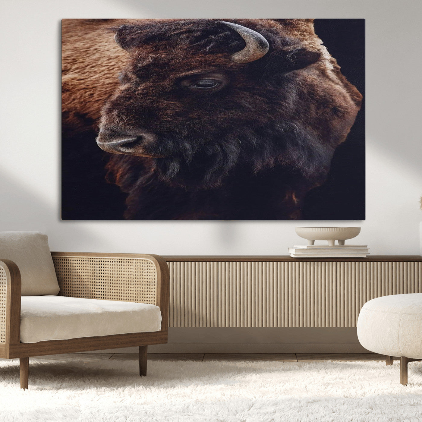 Close-up portrait of a bison with dark fur on a black background, perfect for rustic, lodge, or Western-style interior wall decor.