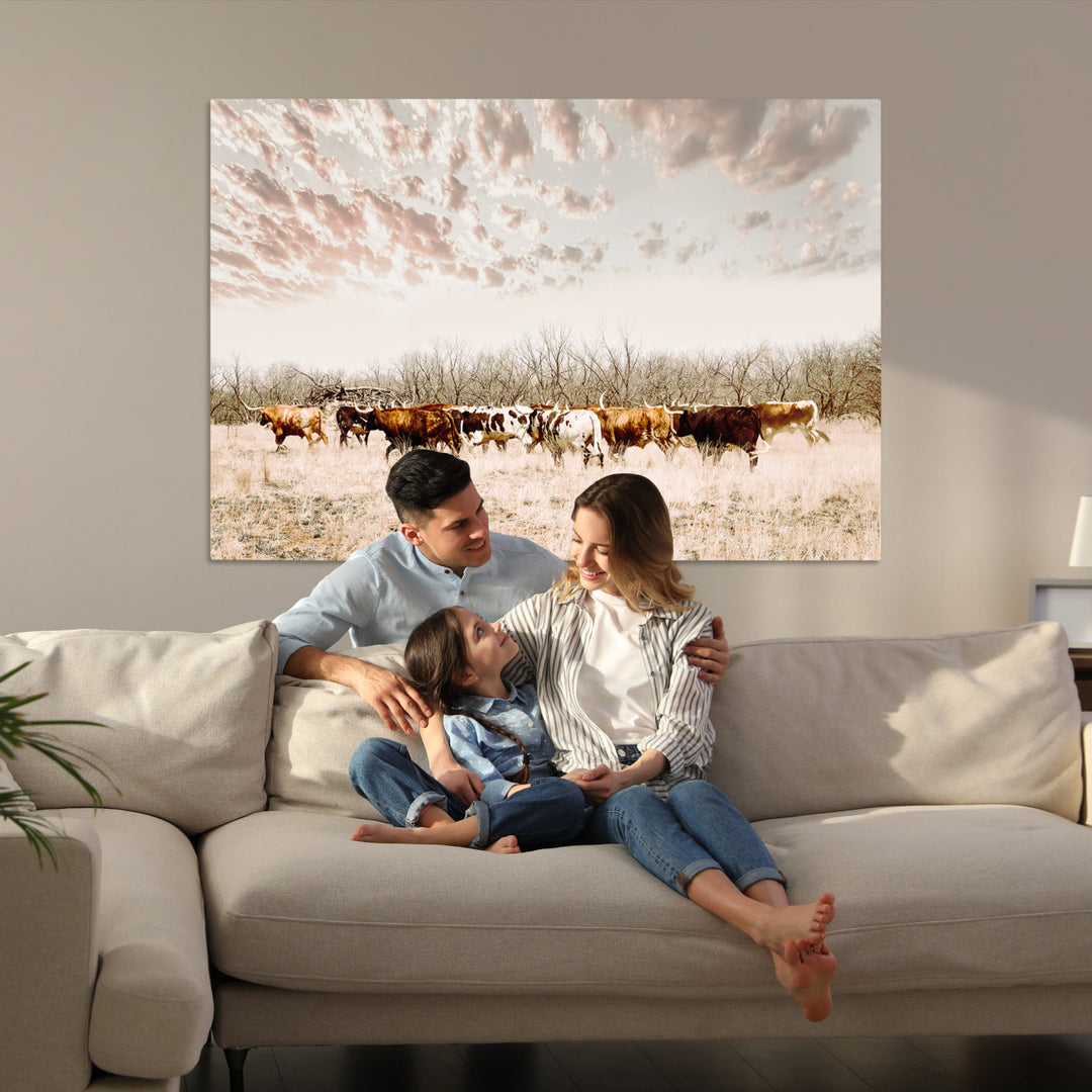 Longhorn Cattle Wall Art Canvas Print, Texas Ranch Print, Framed Western Cow Art Print, Large Prairie Landscape Printing Perfect for Western Decor