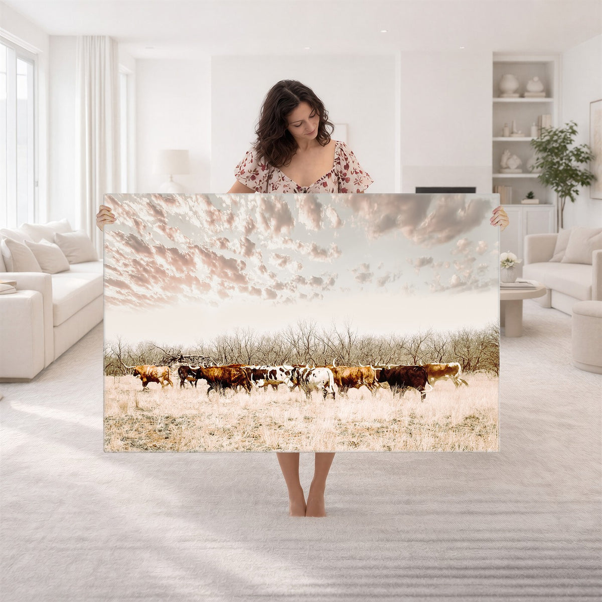 64892775-MGV-CV-24X16 - Longhorn Cattle Wall Art Canvas Print, Framed Texas Ranch Art, Western Cow Print, Prairie Landscape Decor