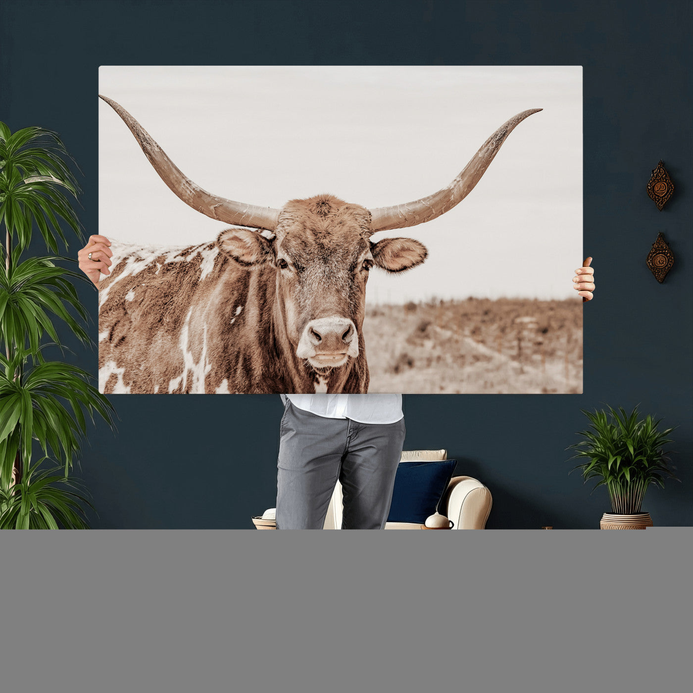39964150-MGV-CV-36X24 - Longhorn Cow Wall Art Canvas Print, Texas Ranch Print, Framed Western Bull Art Print, Large BigHorn Cowboy Printing Perfect for County Decor