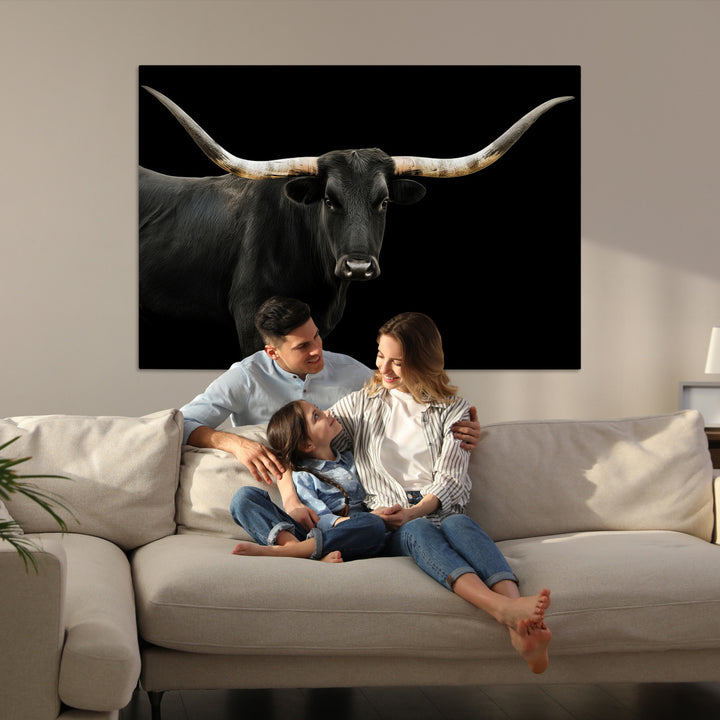 Black White Longhorn Bull Wall Art Canvas Print, Texas Ranch Print, Framed Western Cow Art Print for Farmhouse Decor - Longhorn Print