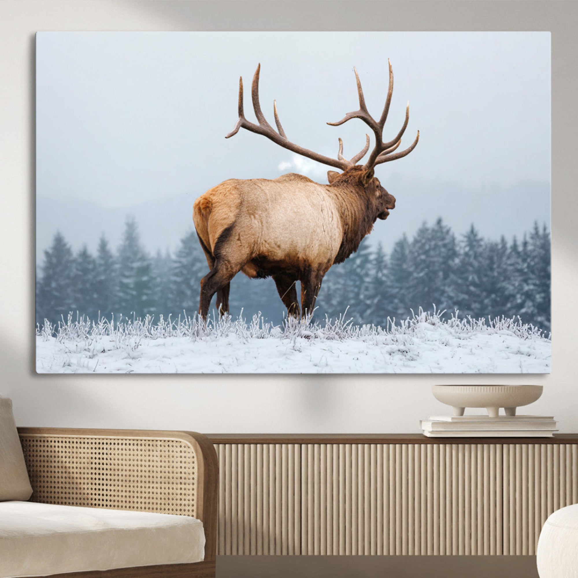 87750525-MGV-CV-36X24-Elk Wall Art Canvas Print – Framed Snowy Forest Scene Art Picture Rustic Wildlife Artwork for Home, Office