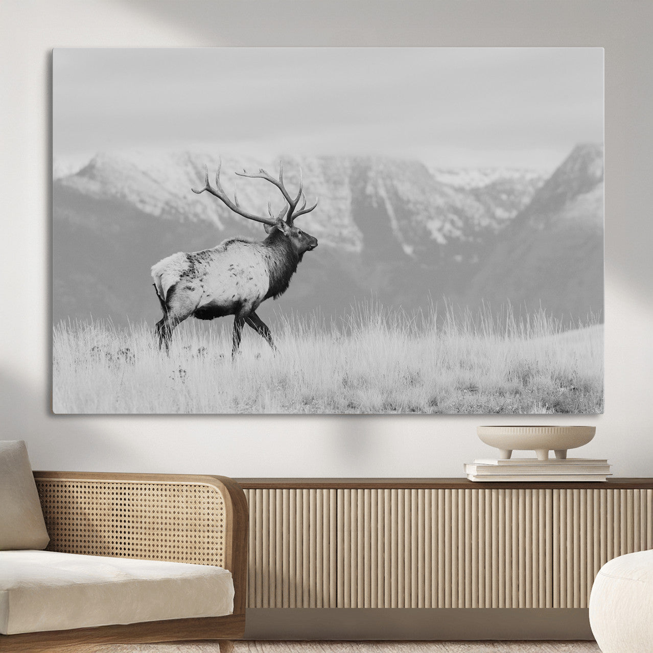 36150391-MGV-CV-36X24 - Wall Art Canvas Print – Majestic Elk Black & White Wilderness, Scenic Mountain and Grassland Landscape, Wildlife Nature Decor for Home or Office