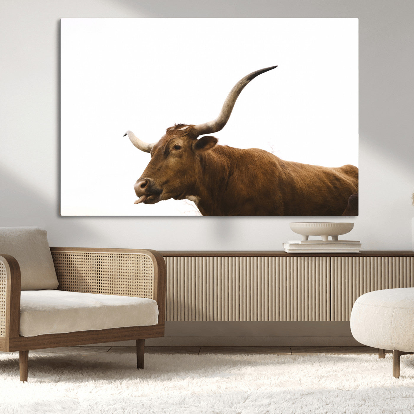 Minimal photo of a longhorn cow with white background, ideal for rustic, western or farmhouse-style interior decor.