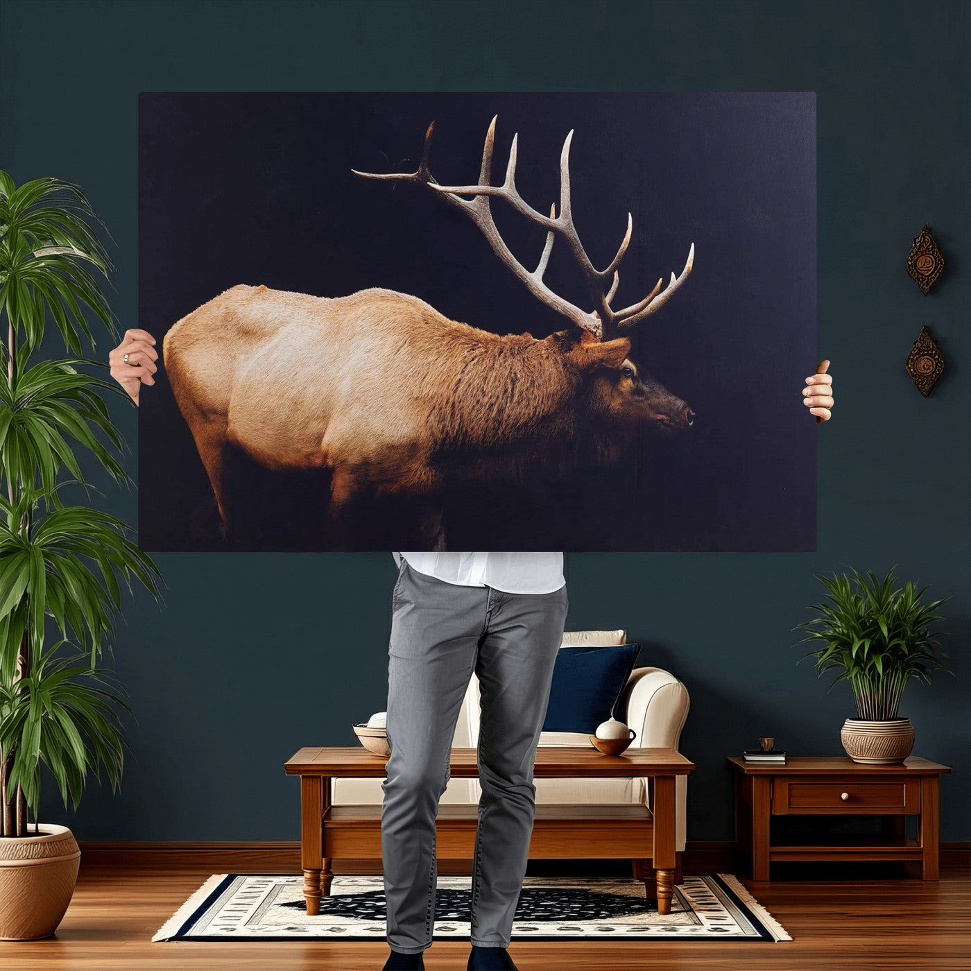 89239257-MGV-CV-36X24 - Rustic Elk Wall Art Canvas Print – Framed Moody Wildlife Art Picture Western Animal Artwork for Home, Office Decor