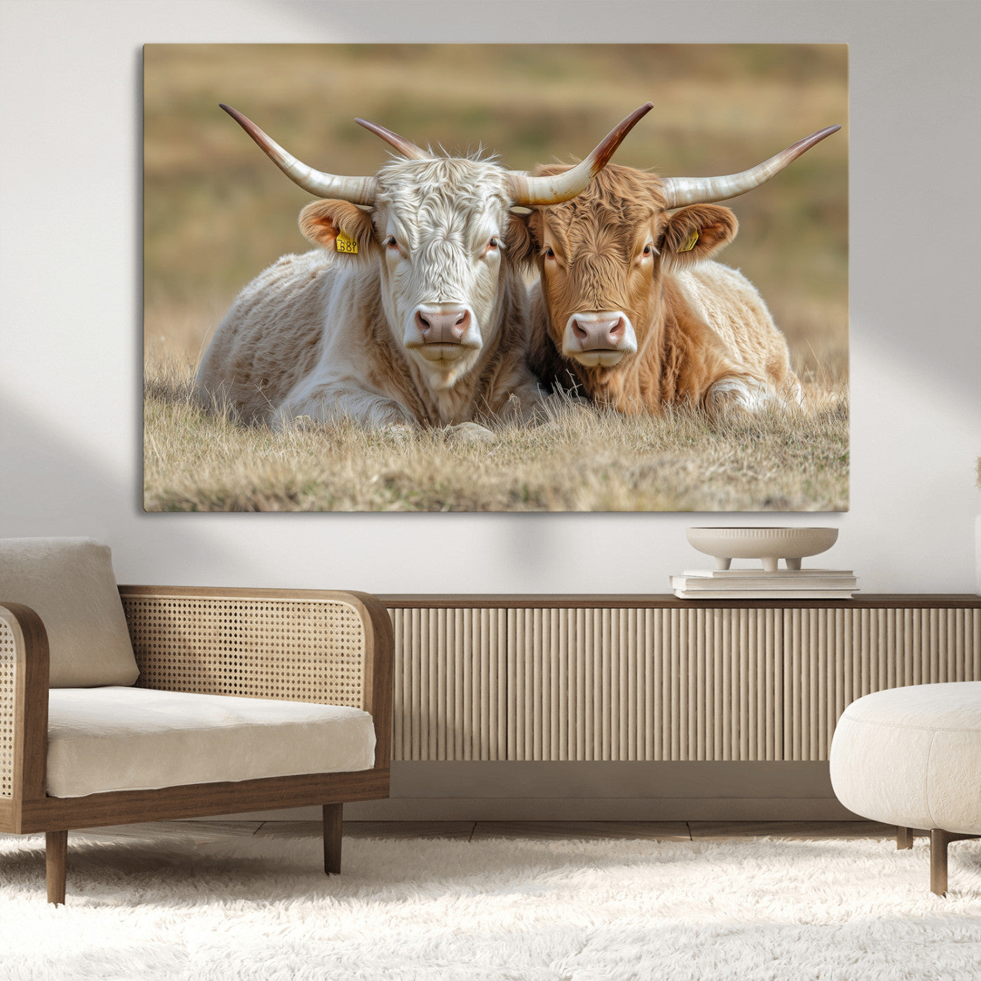 Two cows laying closely in a dry grassy field, captured in soft light, perfect for rustic farmhouse or western style home decor.