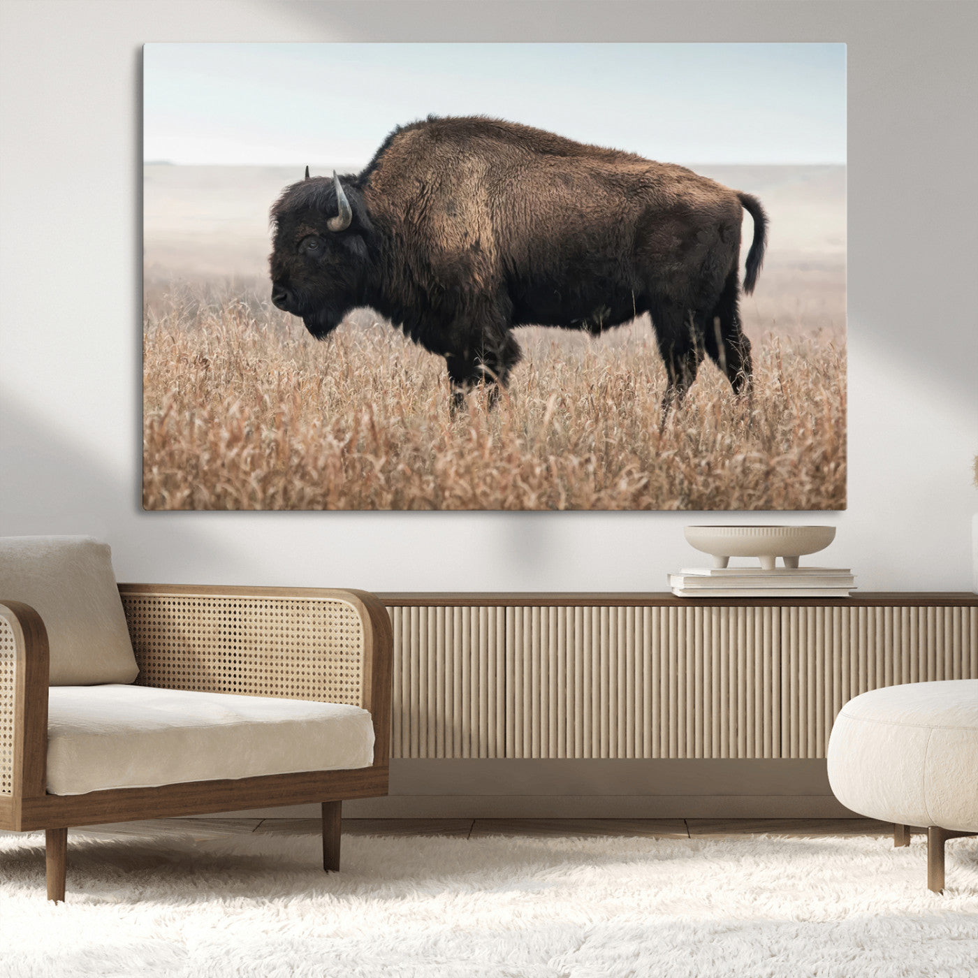 A lone bison stands in a vast prairie under a soft sky, evoking freedom and rustic charm for western or farmhouse inspired interiors.