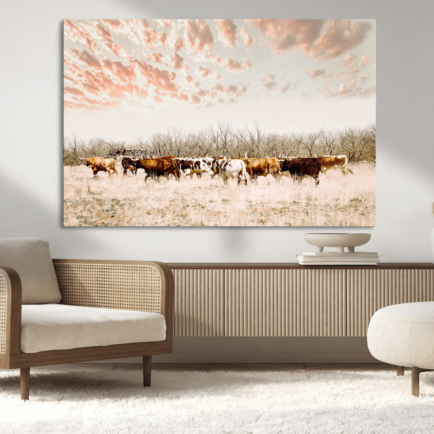 Cattle herd in a soft-toned field under a pastel pink sky, creating a peaceful rustic feel, perfect for farmhouse or western-themed spaces.