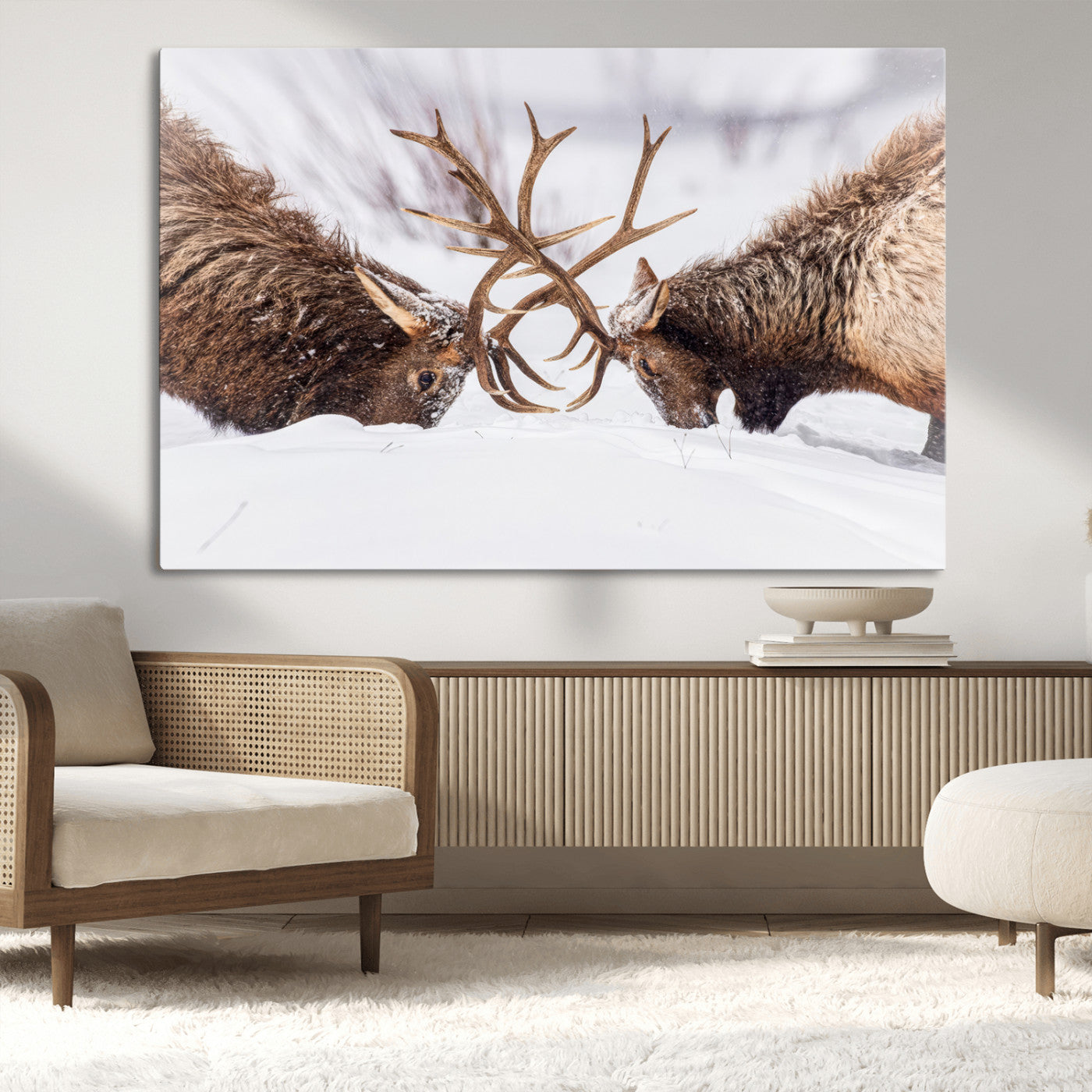 Two elk clashing antlers in a snowy forest, capturing raw power and wild energy, ideal for rustic cabin or lodge-style decor.