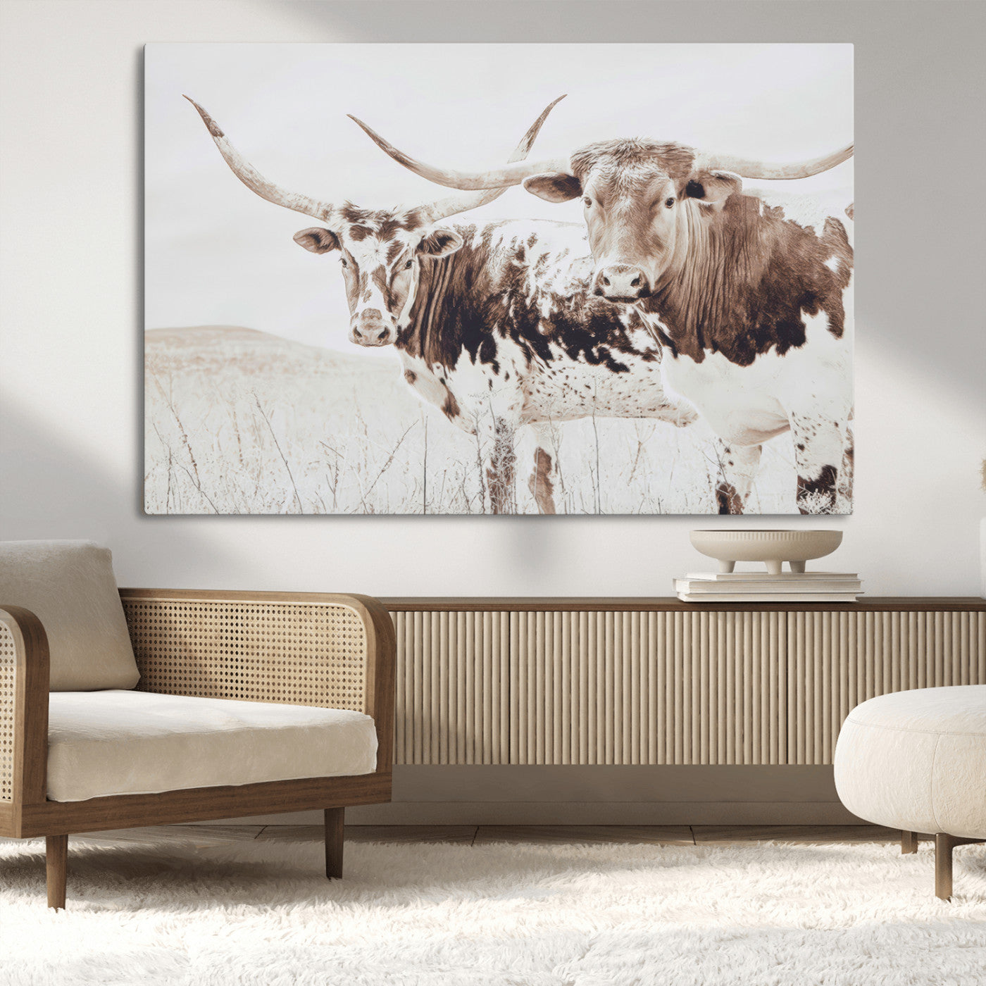 Two longhorn cows standing in a sepia-toned pasture with soft light, ideal for rustic or farmhouse-themed neutral wall decor.
