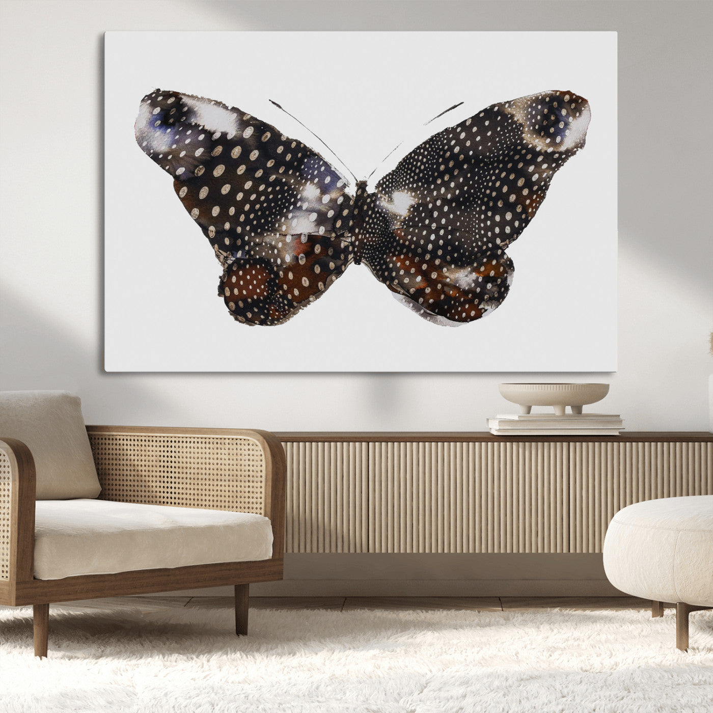 MGV-CV-36X24 - Spotted Butterfly Wall Art Canvas Print, Framed Neutral Insect Theme Art Picture Print, Earthy Wing Pattern Perfect Modern Rustic Decor Artwork