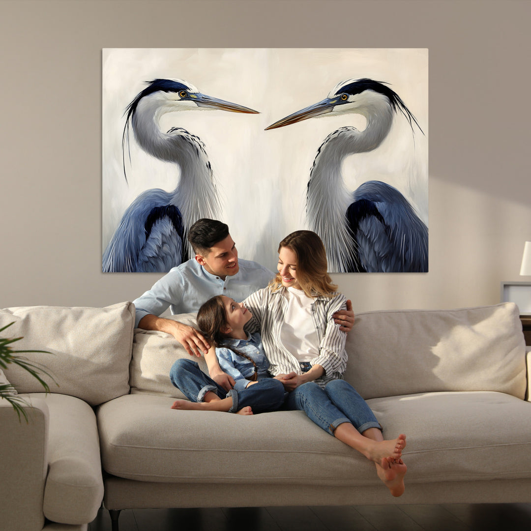 Blue Heron Pair Art Canvas Print, Coastal Bird Theme Print, Framed Tranquil Wildlife Scene Art Print, Large Nature Inspired Decor
