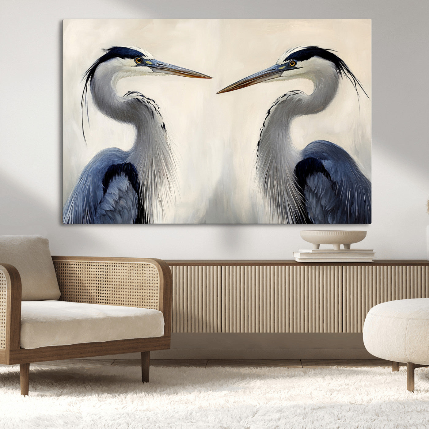 Two blue herons facing each other on a soft neutral background, ideal for coastal, tranquil, or nature-inspired minimalist interiors.