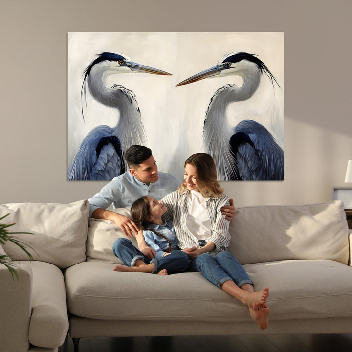 Blue Heron Pair Art Canvas Print, Coastal Bird Theme Print, Framed Tranquil Wildlife Scene Art Print, Large Nature Inspired Decor