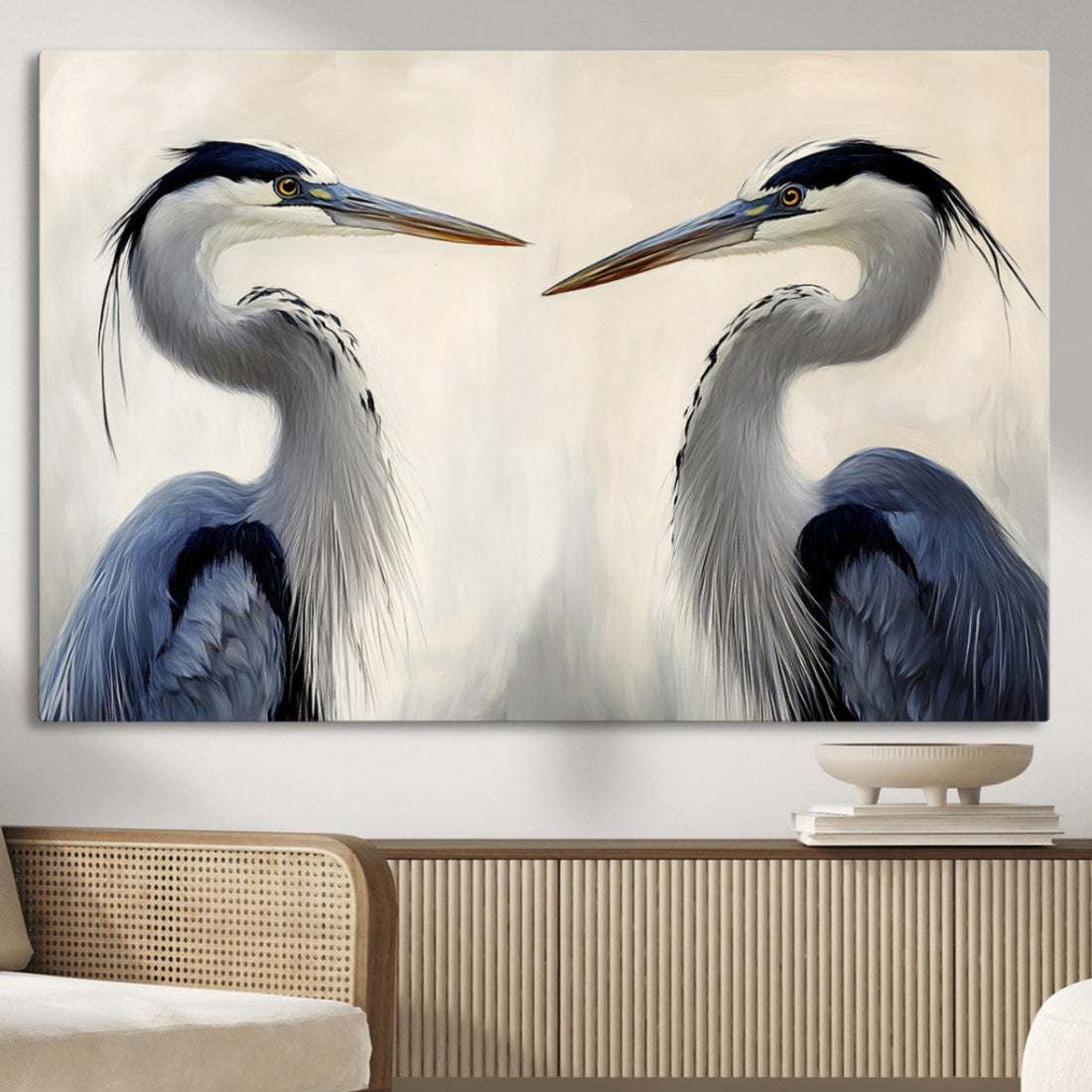 Blue Heron Pair Wall Art Canvas Print, Framed Coastal Bird Tranquil Wildlife Artwork