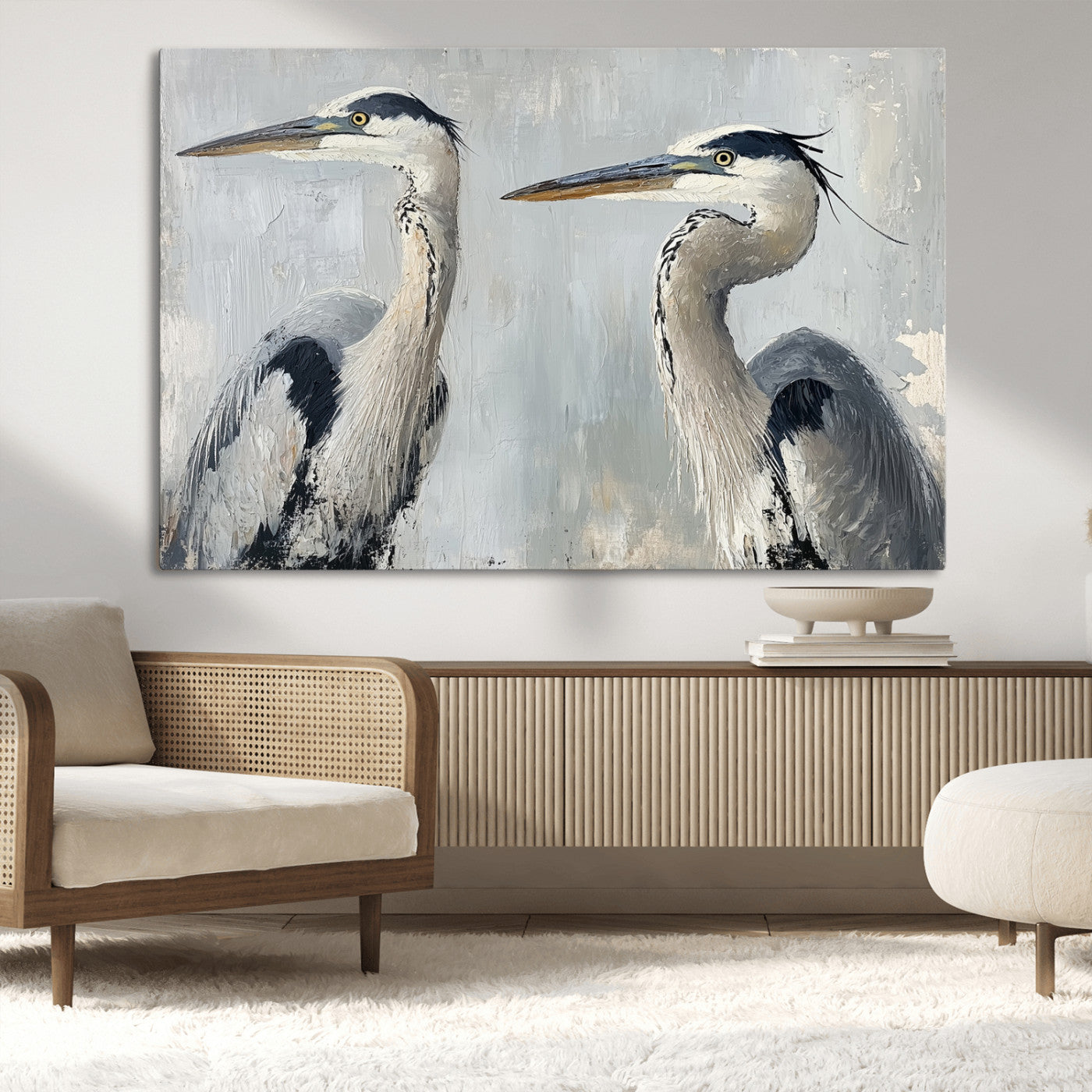 Two elegant herons in profile with soft brush strokes and blue-grey tones, ideal for serene, coastal, or minimalist interior decor.