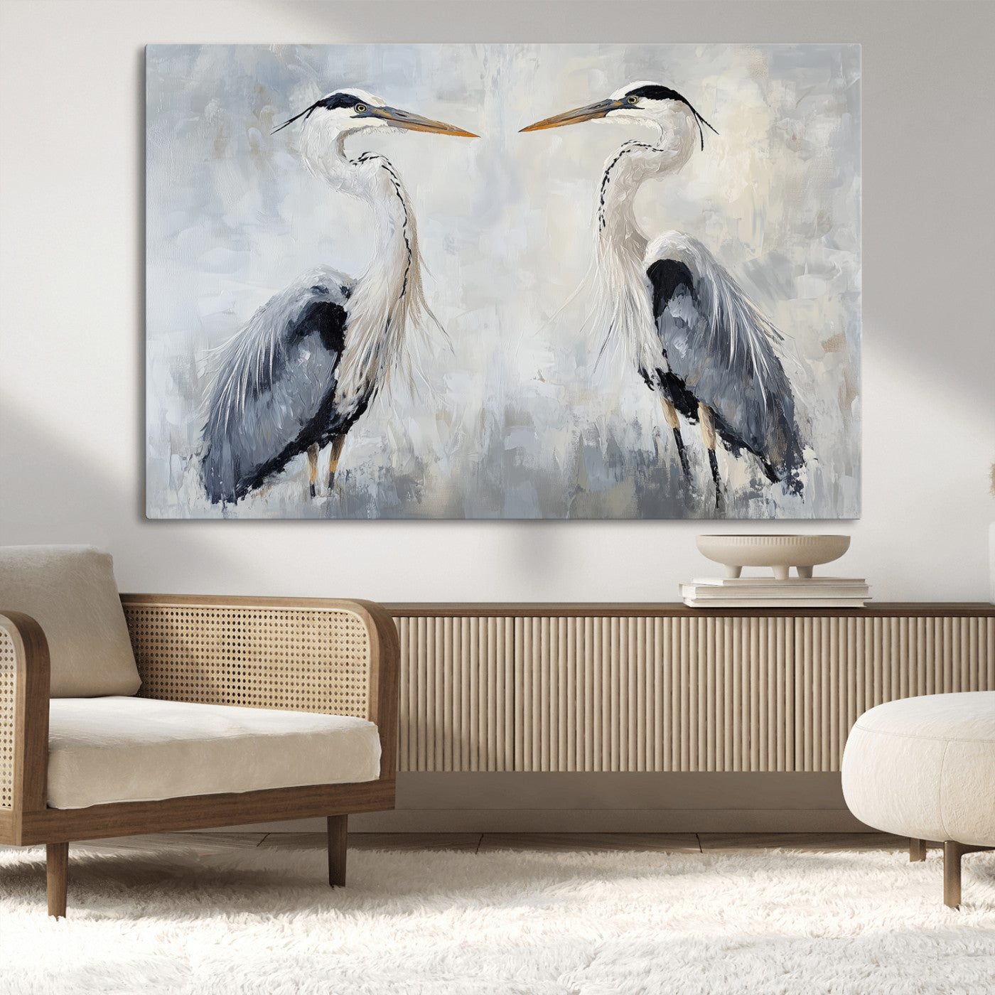 Two herons facing each other on a soft-toned background with blue-grey feathers, perfect for tranquil, coastal or nature-themed interiors.