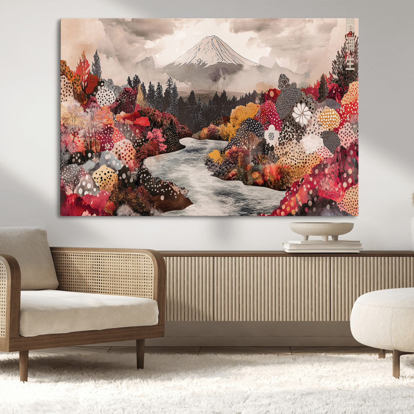 A whimsical mountain landscape with floral autumn trees, river, and misty peak, ideal for cozy, cottagecore, and nature-inspired wall decor.