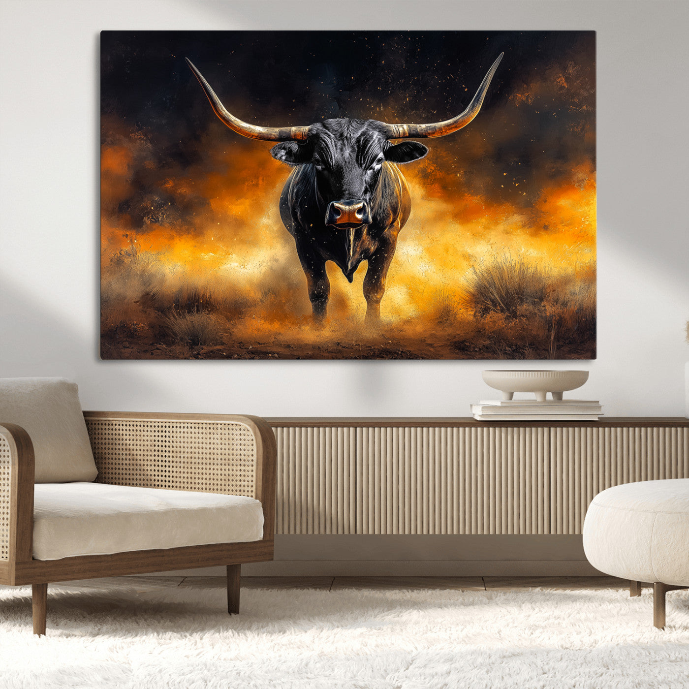 MGV-CV-36X24 - Longhorn Canvas Wall Art Canvas Print, Framed Bold Bull Wall Art Art Picture Print, Western Animal Decor Perfect Western Dramatic Decor Artwork