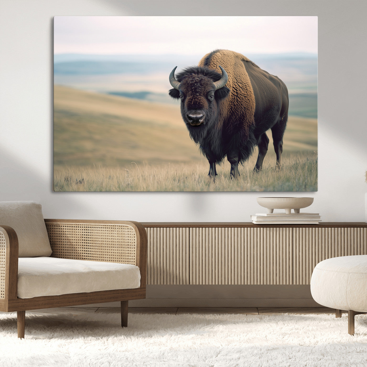 A bison standing strong on a grassy prairie with rolling hills in the background, perfect for rustic and Western-inspired wall decor.