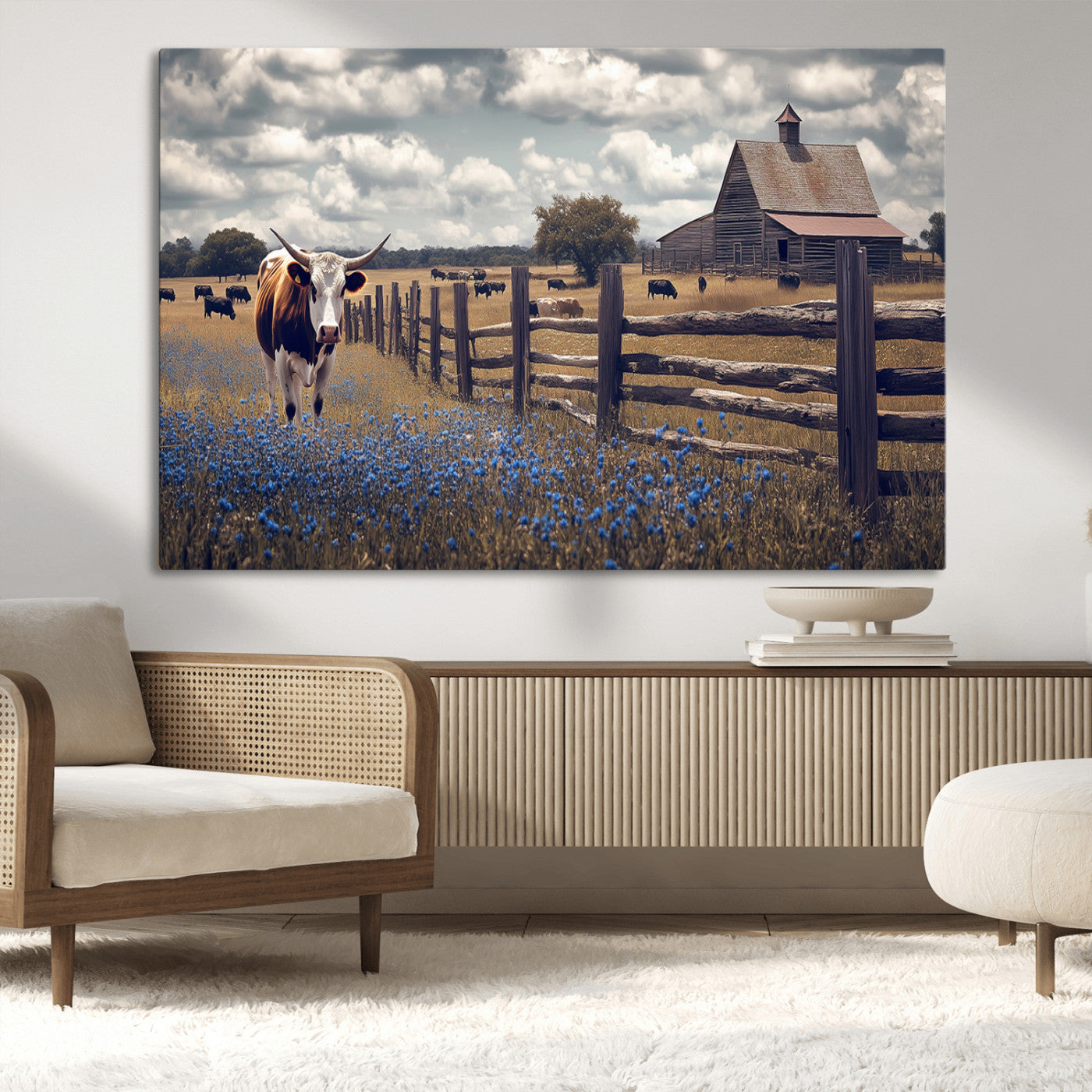 Framed canvas print of a Texas Longhorn near a rustic barn and fence, ideal for farmhouse or western-style home wall decor.
