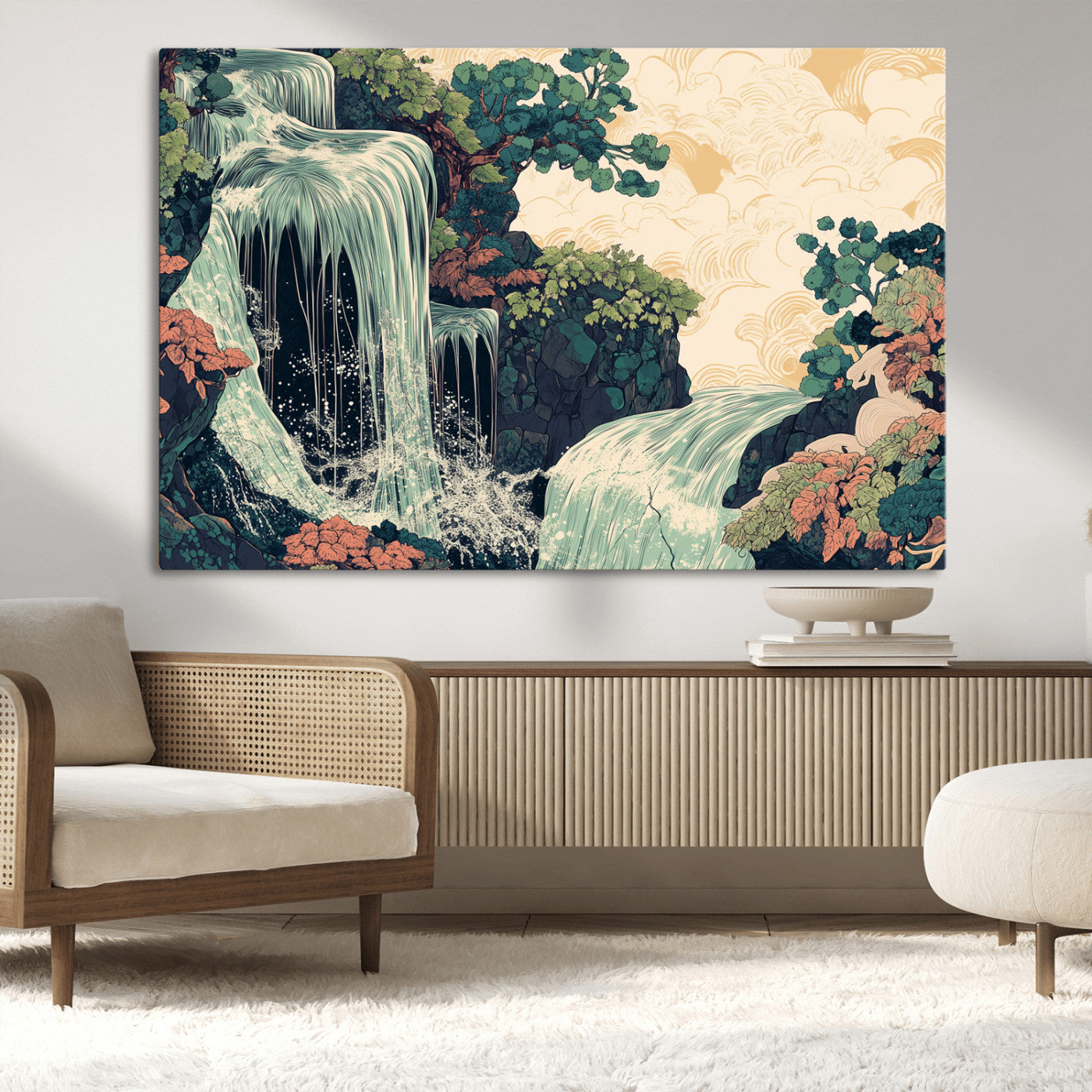 Stylized waterfall flowing through rocky terrain and lush foliage in an oriental art style, ideal for peaceful and nature-themed interiors.
