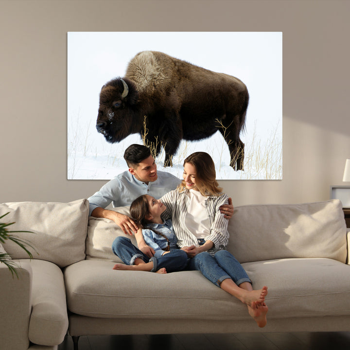 Bison Photography Wall Art Canvas Print, Framed Western Wildlife Art Picture Print, Buffalo On Snow Perfect Western Decor Artwork