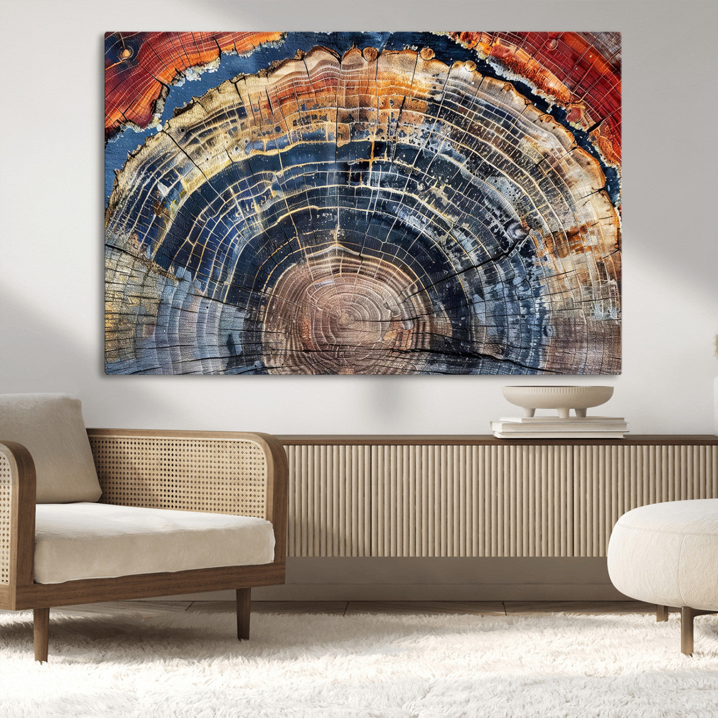 Close-up of petrified wood with rich earthy tones and intricate tree rings, highlighting natural texture and organic patterns.