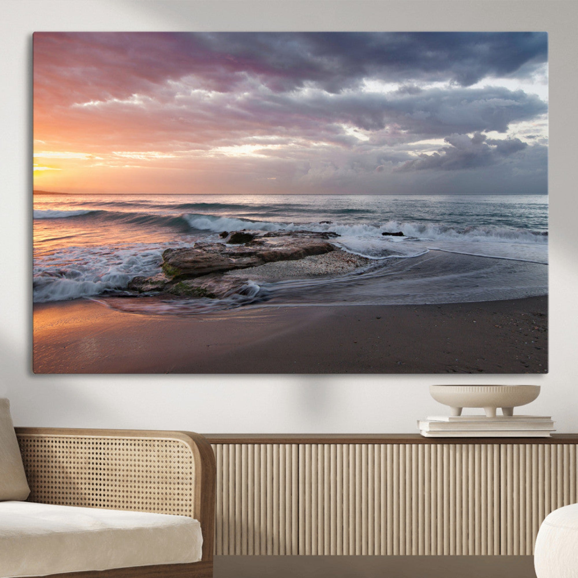 94208089-MGV-CV-36X24-Ocean Sunset Wall Art Canvas Print – Framed Serene Coastal Scene with Waves and Rocky Shore Artwork for Home, Office
