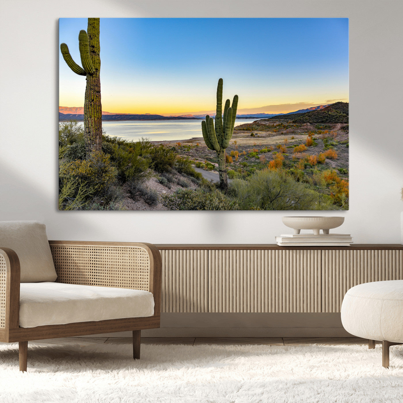 Desert landscape with saguaro cacti and lake at sunset, featuring vibrant sky and hills, ideal for Southwestern or rustic wall decor.