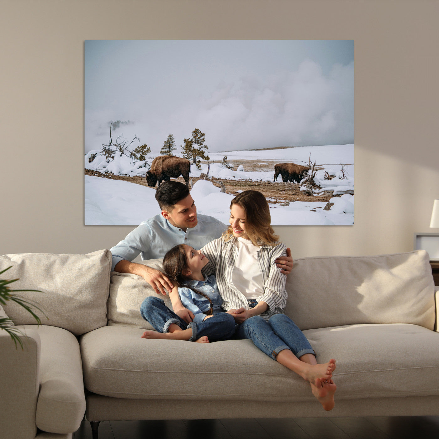 Bison Wildlife Wall Art Canvas Print, Framed Snowy Prairie Art Picture Print, Western Perfect Rustic Decor Artwork