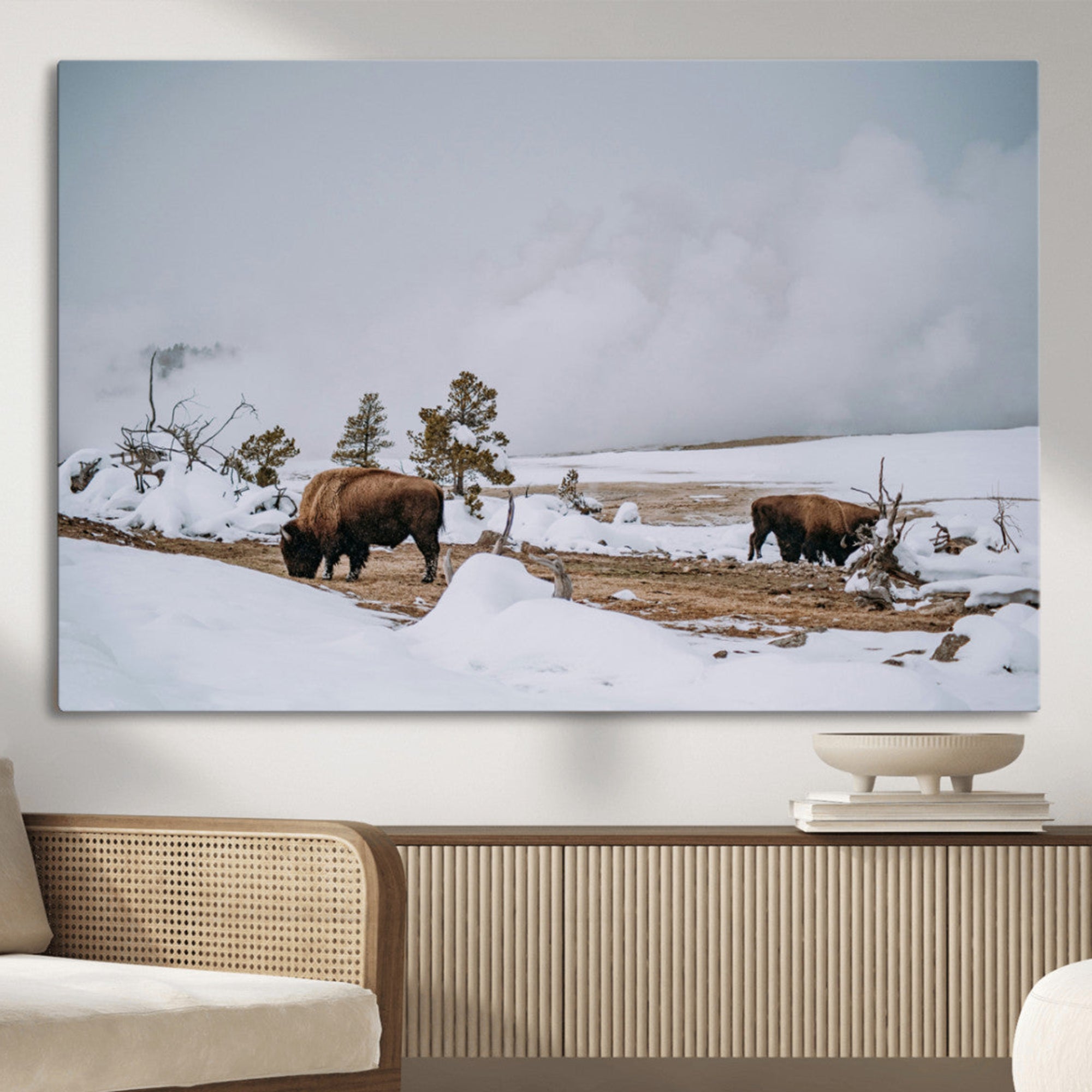 -Bison Wildlife Wall Art Canvas Print – Framed Snowy Prairie Western Rustic Nature Scene Artwork for Home Office