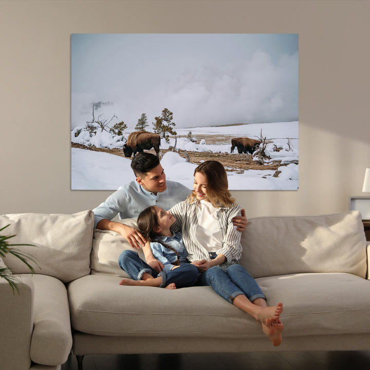 Bison Wildlife Wall Art Canvas Print, Framed Snowy Prairie Art Picture Print, Western Perfect Rustic Decor Artwork