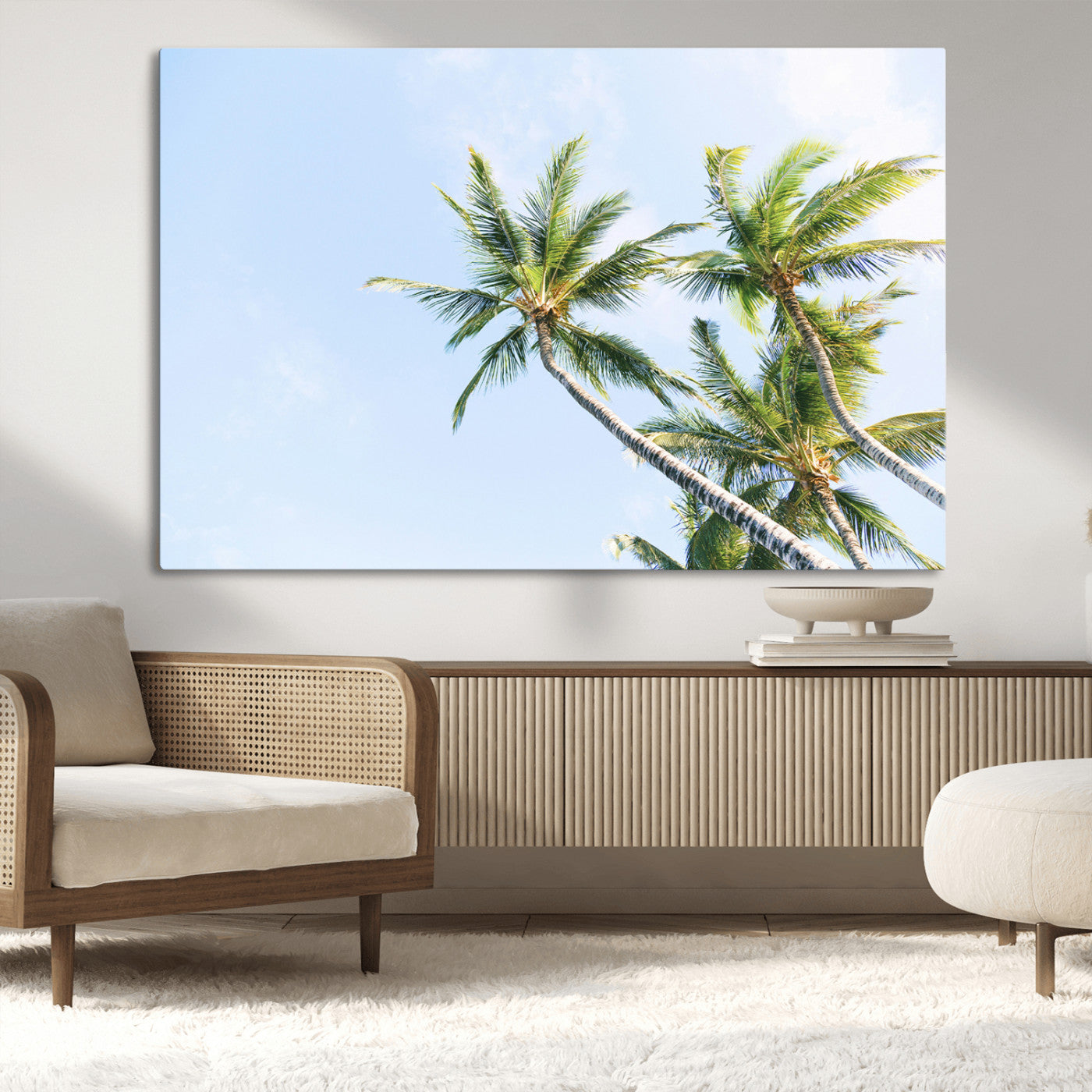 Tall palm trees swaying under a bright blue sky, capturing a tropical and minimalist beach vibe, perfect for coastal-inspired wall art.