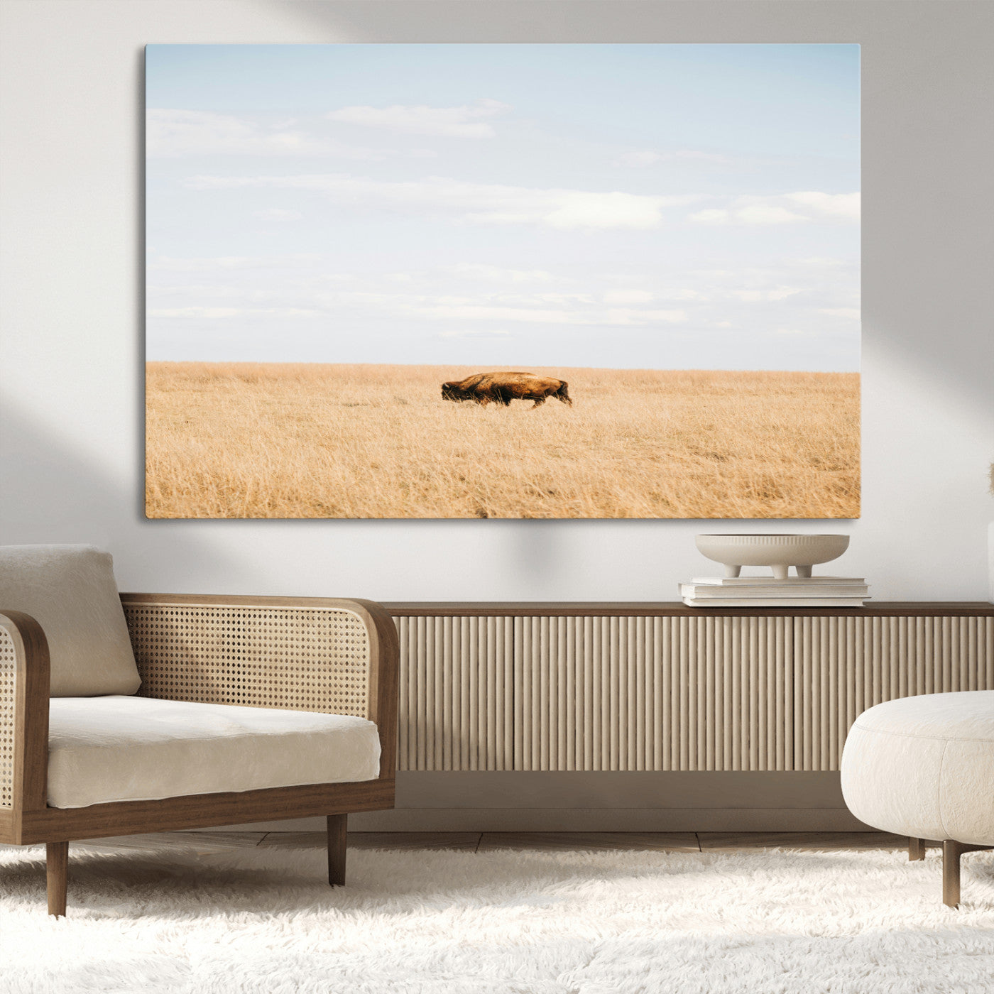 MGV-CV-36X24 - Minimalist Nature Wall Art Canvas Print, Framed Bison In Grassland Art Picture Print, Open Field Perfect Modern Ranch Decor Decor Artwork