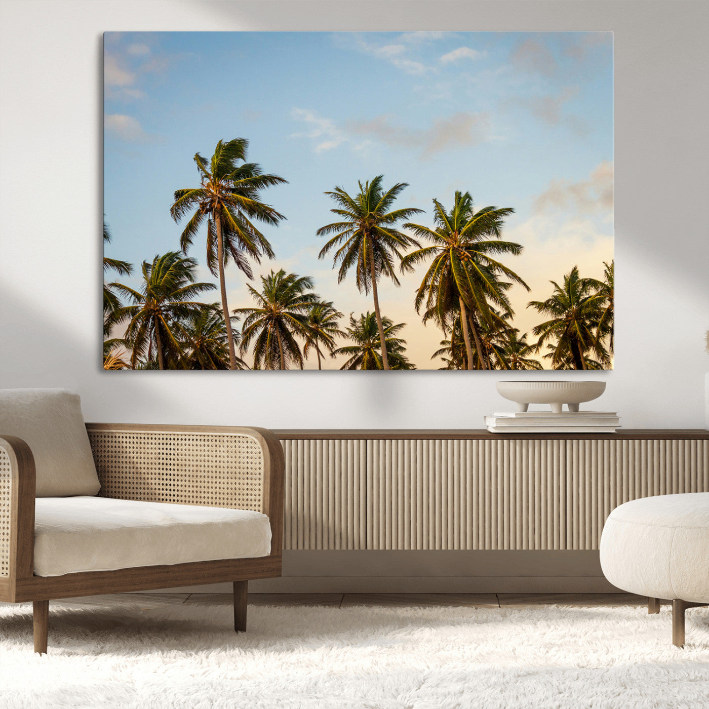 Tall palm trees swaying under a soft sunset sky, creating a tropical and relaxing atmosphere, perfect for coastal and beach-inspired wall art.